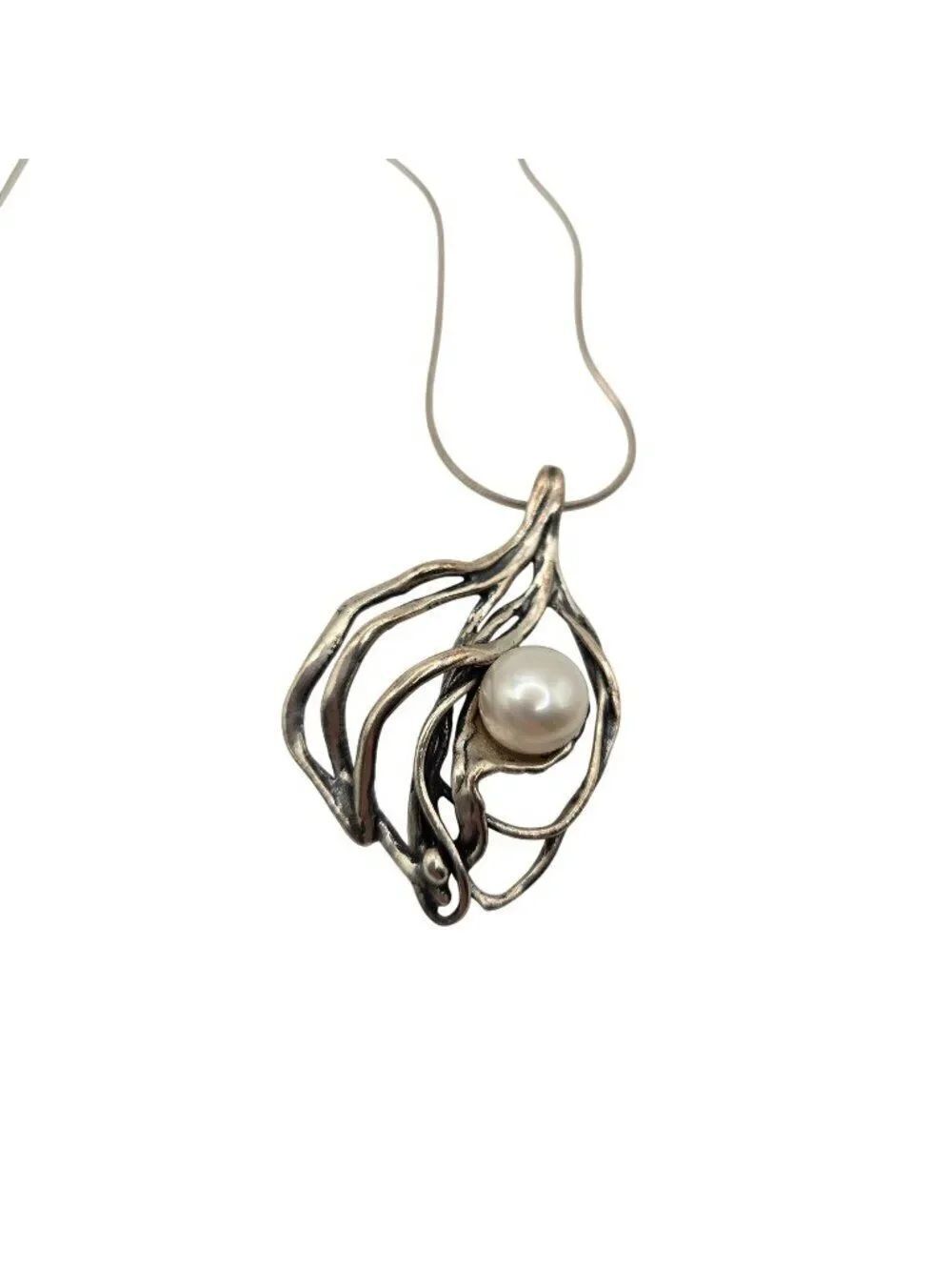 Vintage 925 Sterling Silver Pendant Necklace Freshwater Pearl Zuman Israel